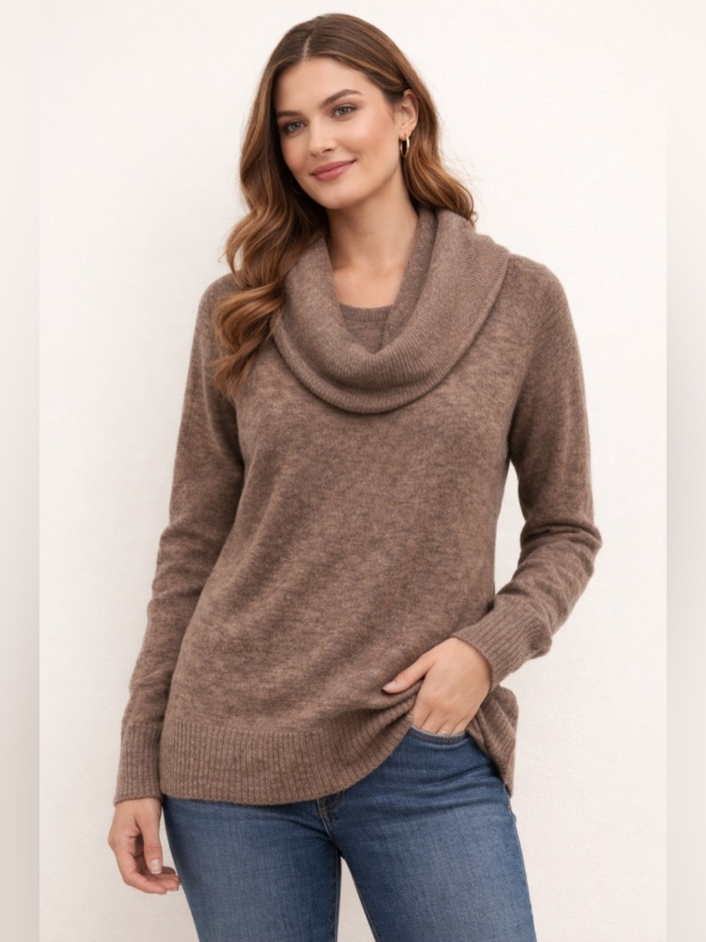 H&M Brown Cowl Neck Knit Sweater Medium Soft Cozy Tunic Pullover